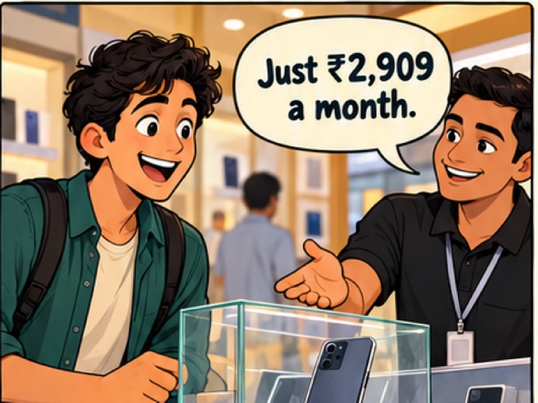 Comic panel: in a phone shop, a salesman tells an excited young man the phone is just ₹2,909 a month.