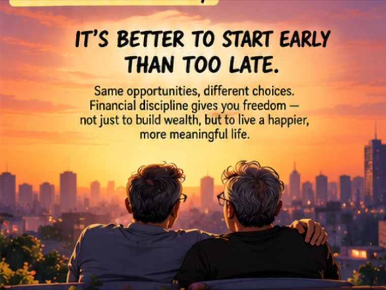 Comic panel: two old friends on a bench watch the city at sunset. Headline: It's better to start early than too late.