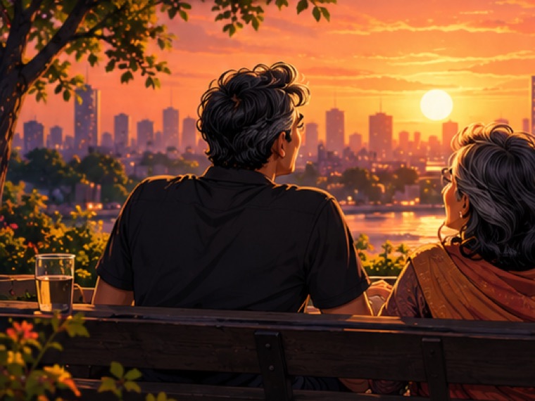 Comic panel: an older couple sit together on a bench as the sun sets over the city.
